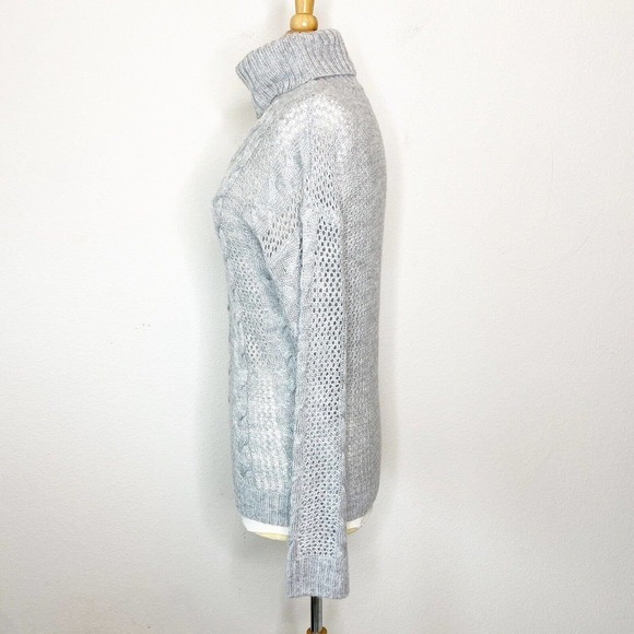 Hummingbird Cable Knit Cut Out Collar Turtle V-neck Combo Gray Sweater S - Picture 5 of 9